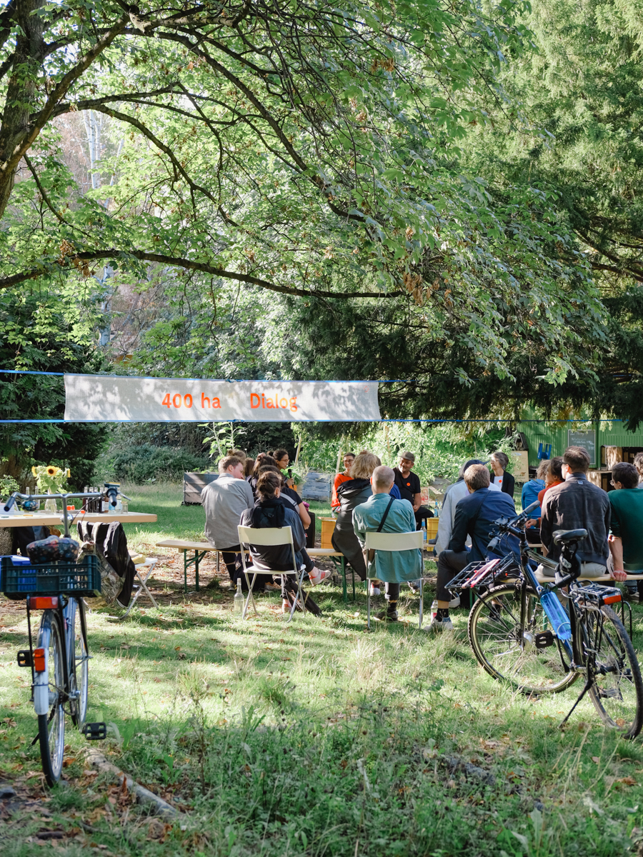 Fahrräder und Publikum in Garten unter Böumen.