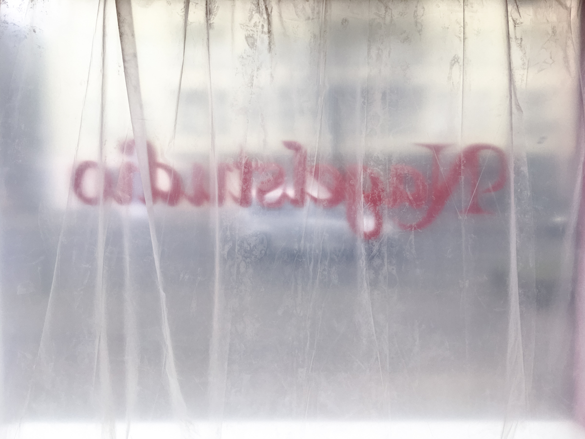 Fenster mit Klebebeschriftung mit transparenter Folien abgedeckt.